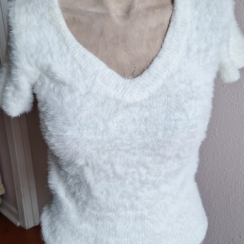 No Boundaries Fuzzy White V-Neck Sweater
